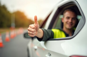 Female driver thumbs up in car. Driver ready to drive safe reverse in test. Car parked on road with orange cones. Driver face visible through window with yellow visor. Clear view of driver, car, road.