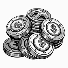Monochrome Illustration of Stacked Coins with Dollar and Currency Symbols
