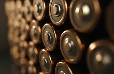Collection of 12 silver and black batteries in 3x4 grid on gray surface. Rechargeable alkaline power cells. Macro shot of AA batteries in high quality image for printing wall posters.
