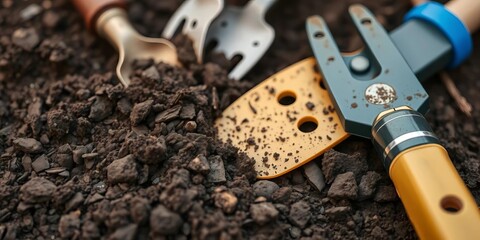 Close-up of gardening tools & rich soil, ready for spring planting,  brown,  trowel