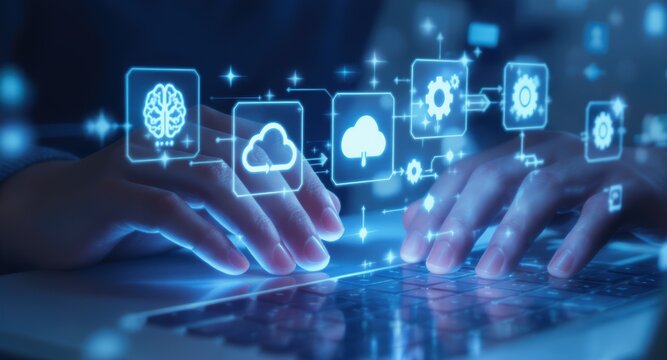 Hands Typing on Laptop with Glowing Digital Icons, Futuristic Technology Concept. - Powered by Adobe