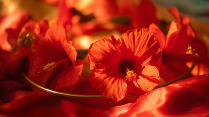 Vibrant hibiscus wreath with golden accents on red silk, celebrating Malaysia's National Day with festive elegance.
