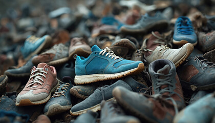 Discarded shoes in pile on gray surface. Blue, brown shoes with white laces, black sole. Different colors, styles of footwear, waste, pollution, clutter, disorganization. Environmental concerns,