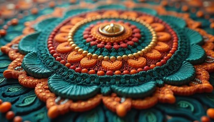 Vibrant mandala ring with intricate design. Gradient of colors, orange, green, blue hues. Adorned with gold buttons, orange beads, green leaves. Gray background highlights colors and details.