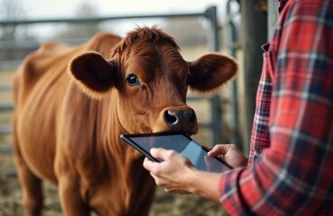 Brown cow stands in farm setting, fur contrasting with muted tones of background. Person in red plaid shirt uses small device with blue screen, cow curiously observes. Farm animal observes device in