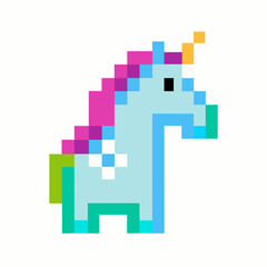 Pixel Art Unicorn with Colorful Mane and Horn in Retro Style