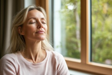 Woman practicing mindfulness by a sunny window
