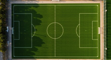Top-Down Aerial View of a Pristine Green Soccer Field with White Markings