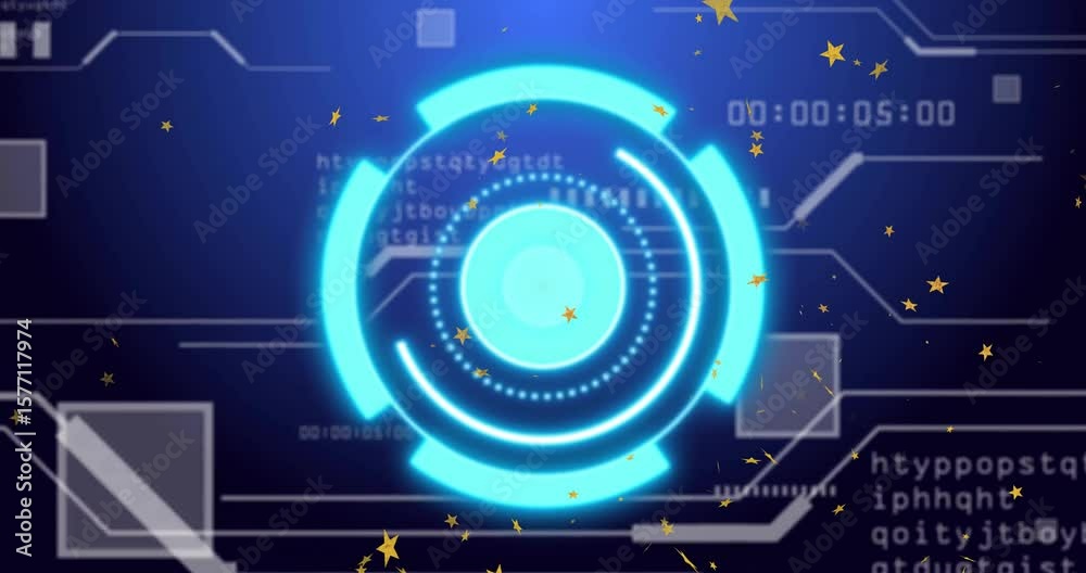 Poster cyan interface appearing, pulsing rotating rings, code scrolling, timestamp updating for hud demo