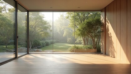 Indoor space with large window opens to tranquil garden with plants, trees, bushes, small pond, waterfall. Wooden flooring complements window. Light-colored walls provide neutral backdrop for natural