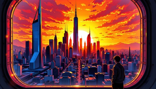 imagine a striking art piece showcasing a futuristic cityscape bathed in the warm hues of a blazing sunset, the towering skyscrapers gleam with advanced technology