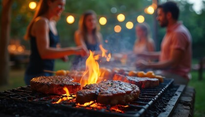 Group of people gathered around grill, communal meal, food being cooked by flames. Grill black, gleaming, surrounded by trees, outdoor setting. Friends, family enjoying meal with forks, knives.