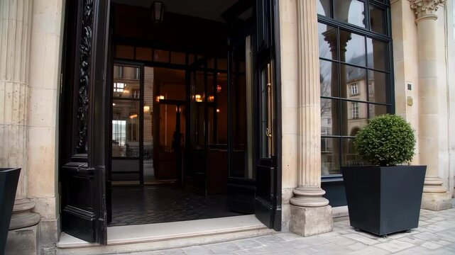 Ornate black doors open to a light-filled interior of a Parisian building