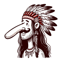 Cartoon character with large nose in Native American headdress, whimsical illustration of man wearing tribal jewelry, ceremonia indigenous-inspired attire.

