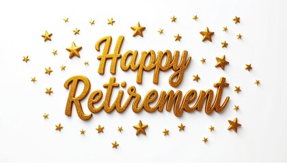 Vibrant gold and yellow stars fill top part of image. Happy Retirement phrase in cursive font reads golden letters. Gold border surrounds text. Stark white background highlights gold elements.