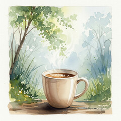 Watercolor style painting of a steaming coffee cup in a tranquil morning nature scene with green trees
