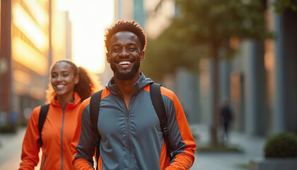 African couple walk down urban street with buildings in background. Woman smiles, man wears orange jacket, woman in gray and orange outfit. City street scene with warm light of sunset.