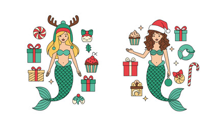 Obraz premium Festive mermaids celebrating the holidays with gifts and treats