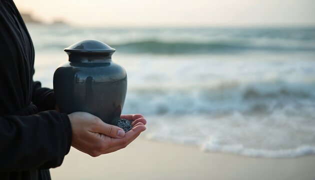 Woman stands on beach holding black ceramic urn with small plant. Serene beach scene with ocean waves, light blue sky. Peaceful memorial ritual with cremation ashes. Mourning, grief with ocean,