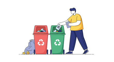 Man recycling waste items into different trash bins promoting eco-friendly habits