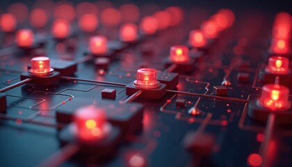 Black, red gradient background with gray tones. Cluster of red, black particles at center. Lines intersect, overlap, creating symmetry. Network connection nodes glowing red on dark surface. Digital