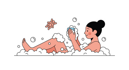 A woman enjoys a relaxing bubble bath while reading a book