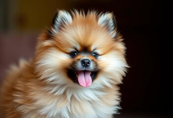 Obraz premium Fluffy pomeranian puppy, pink tongue out, adorable, playful, puppy portrait, tongue