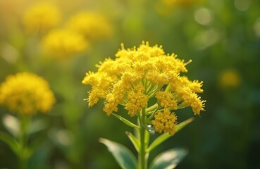 Yellow flower with three large petals and smaller petals forming a cone-like shape in center. Lush green background creates harmonious balance, vibrant yellow bloom amidst foliage.