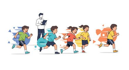 Active young athletes compete in a lively track and field race with energetic motion effects overseen by an instructor