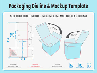 Packaging Dieline and Mockup Template. Self Lock Bottom Box. Dieline Real Shape and Dimension. Mockup Template. Fully editable vector. Equipped die cut lengths prepared for production.