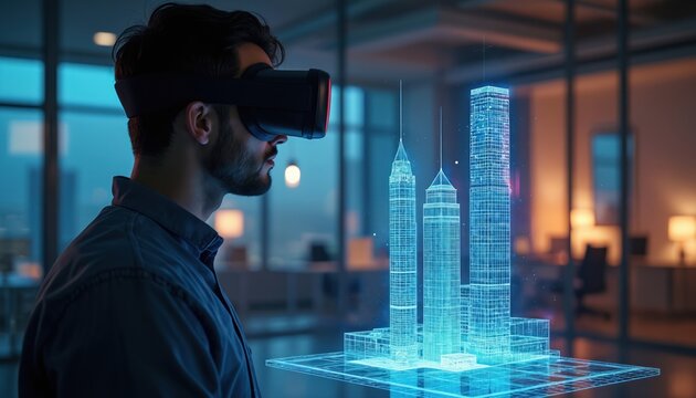 Man wears VR headset in modern office at night. He views a futuristic 3D holographic building model. City skyline with three tall skyscrapers, soft blue hue, white clouds.