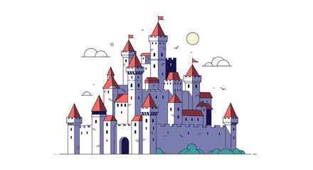 Naklejka premium Majestic medieval castle towering over a lush green hill under a bright sunny sky