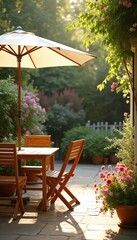 Obraz premium Wooden patio furniture set on cobblestone path in lush London garden. Patio tables, chairs, umbrella, gazebo. Pink, white flower beds, tall tree with green leaves