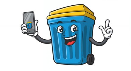 Cartoon trash can holding smartphone