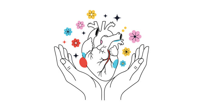 Caring hands offer a blooming anatomical heart with colorful flowers and sparkles - Powered by Adobe