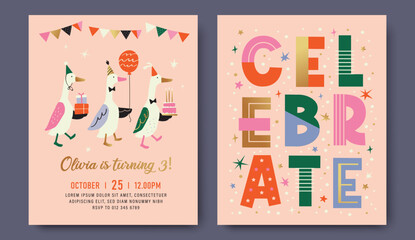 Birthday party front and back invitation card with cartoon character ducks and typography design.
