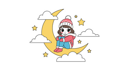 A cozy girl sits on a crescent moon surrounded by stars and clouds
