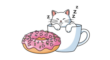 Adorable sleepy kitten in a coffee cup next to a sweet donut