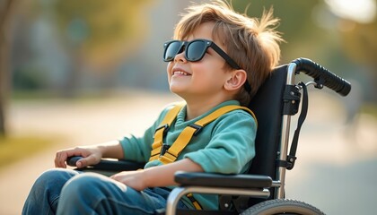 Obraz premium Young child sits in wheelchair on gray sidewalk. Vibrant yellow, green shirt. Sunglasses on face. Another person walks in background. Child in wheelchair with bright smile