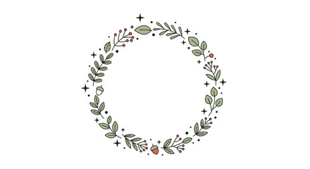 Beautifully hand drawn botanical wreath with berries and acorn accents flourishes