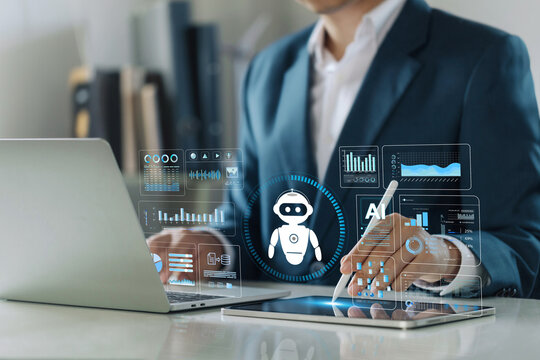 A businessman uses advanced AI agent technology and artificial general intelligence (AGI) to perform data analysis, research, and strategic planning a smart AI assistant dashboard to boost efficiency.