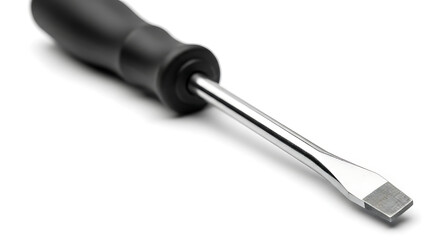 A single metal screwdriver with a plastic handle, an essential work tool for repair and construction, isolated on a white background