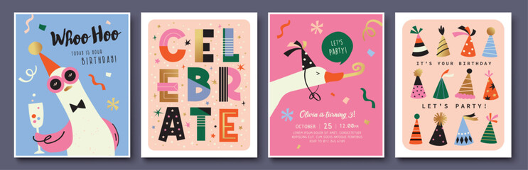 Set of Birthday greeting card with cute cartoon character animals, presents and colorful confetti.
