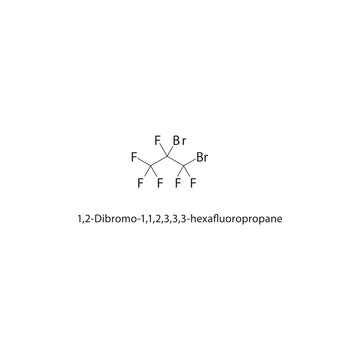 1,2-Dibromo-1,1,2,3,3,3-hexafluoropropane skeletal structure. Halogenated propane compound schematic illustration. Simple diagram, chemical formula.