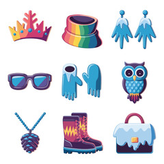 2d vector illustration icon, set of vibrant representing unique winter activities and sports
