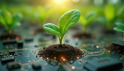 Green plant with yellow flower on gray background. Textured surface, blurred landscape with blue horizon. Contrast between green, gray, vibrant, muted colors. Future agriculture concept with