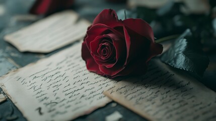 Dark red rose resting on aged handwritten letters.
