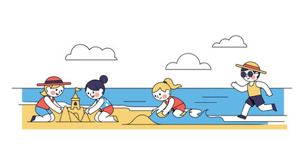 Obraz premium Children enjoy building sandcastles and playing on sunny beach during summer vacation