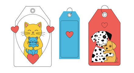 Adorable animal friendship gift tags featuring hugging pets and hearts for valentine's day