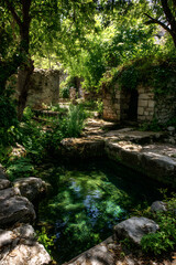Harmonious Interplay of Ancient Well and Bubbling Spring Surrounded by Verdant Landscape Under Sunlit Canopy